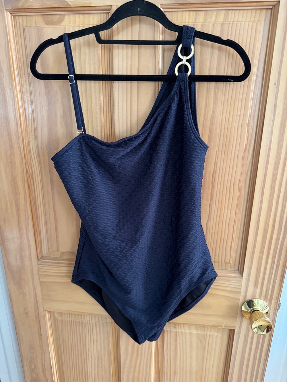 Michael Kors Navy One-Shoulder Textured Swim One-Piece with Gold Rings